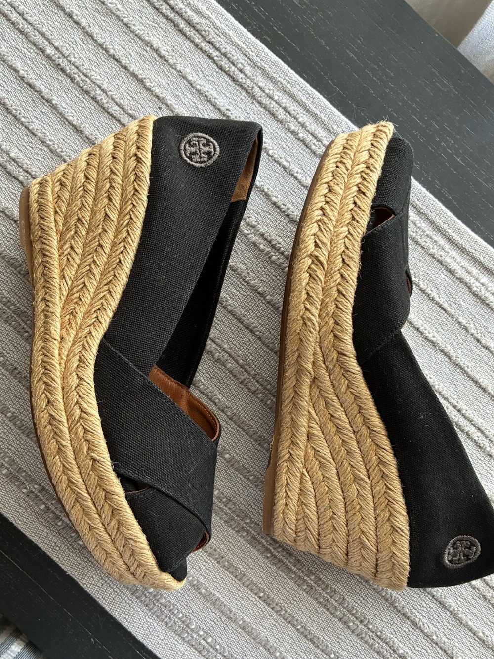 Tory Burch Black Canvas Espadrille Wedge. Peep-toe.